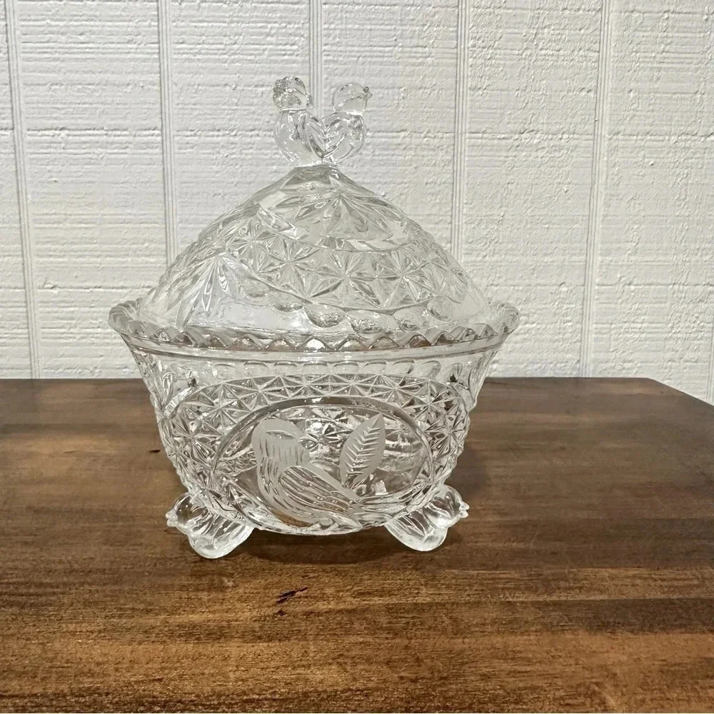 Hofbauer Byrdes Collection Lead Crystal Etched Birds Candy Bowl W/ Lid. 6"